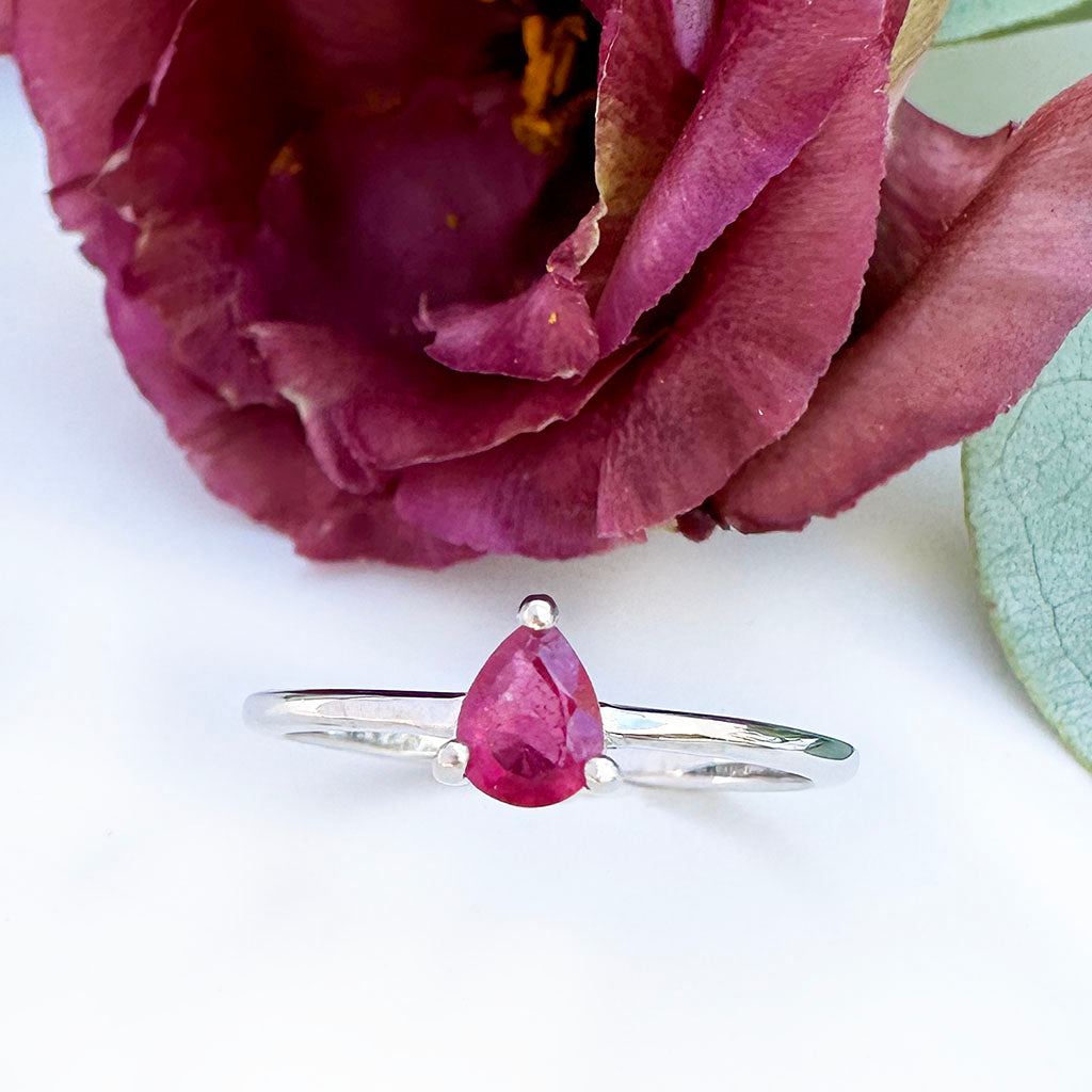 Petite Silver Pear Cut Ruby Ring