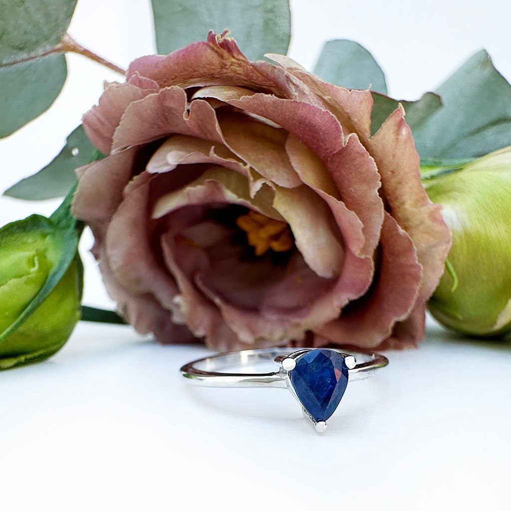 Petite Silver Pear Cut Sapphire Ring