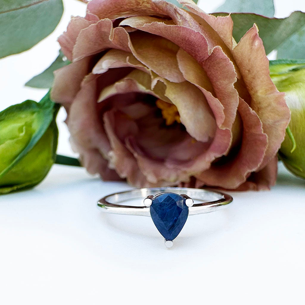 Petite Silver Pear Cut Sapphire Ring