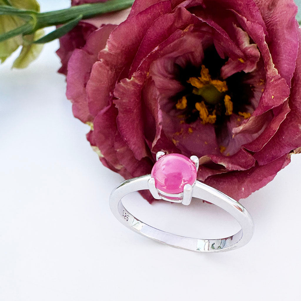 Petite Silver Round Cabochon Cut Ruby Ring