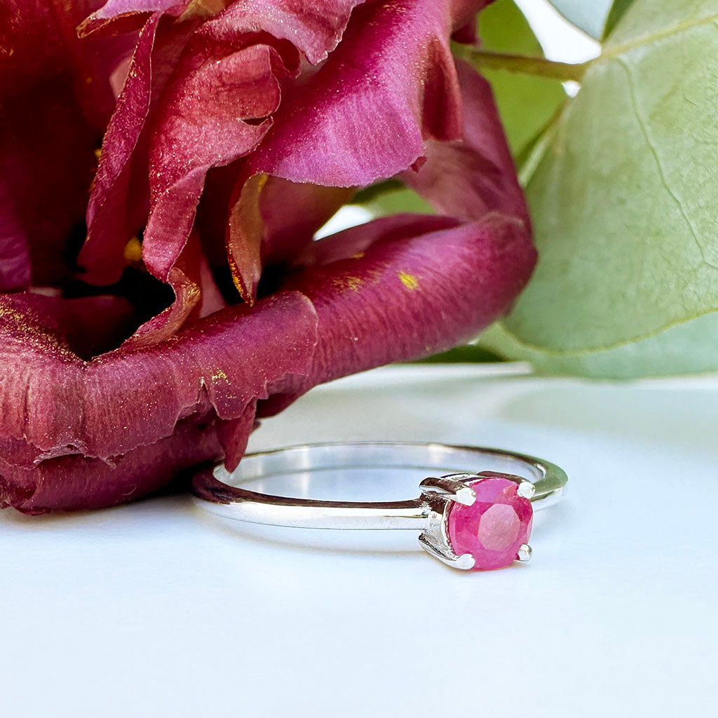 Petite Silver Round Cut Ruby Ring