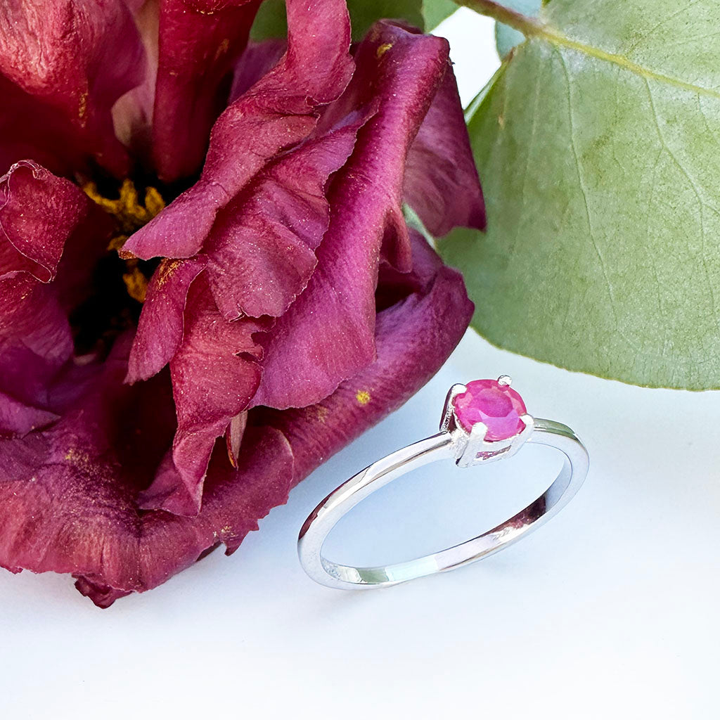 Petite Silver Round Cut Ruby Ring