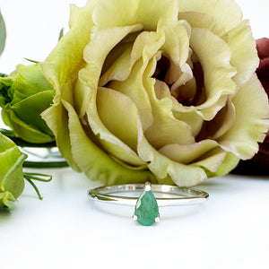 Petite Silver Thin Pear Cut Emerald Ring