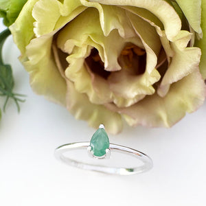 Petite Silver Thin Pear Cut Emerald Ring