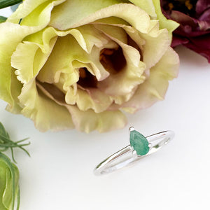 Petite Silver Thin Pear Cut Emerald Ring