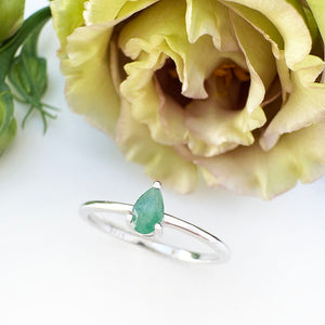 Petite Silver Thin Pear Cut Emerald Ring