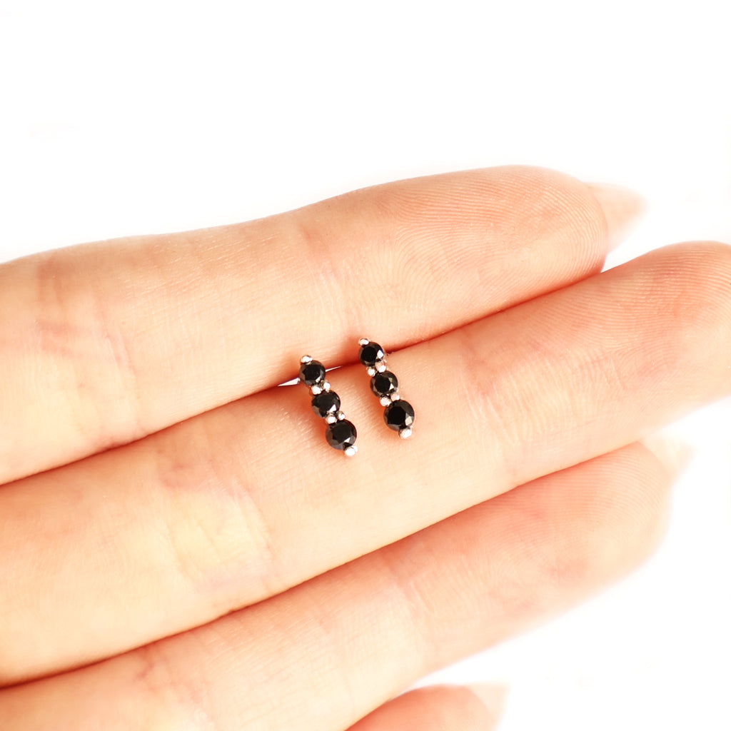 Petite Three Black Diamond Drop White Gold Stud Earrings