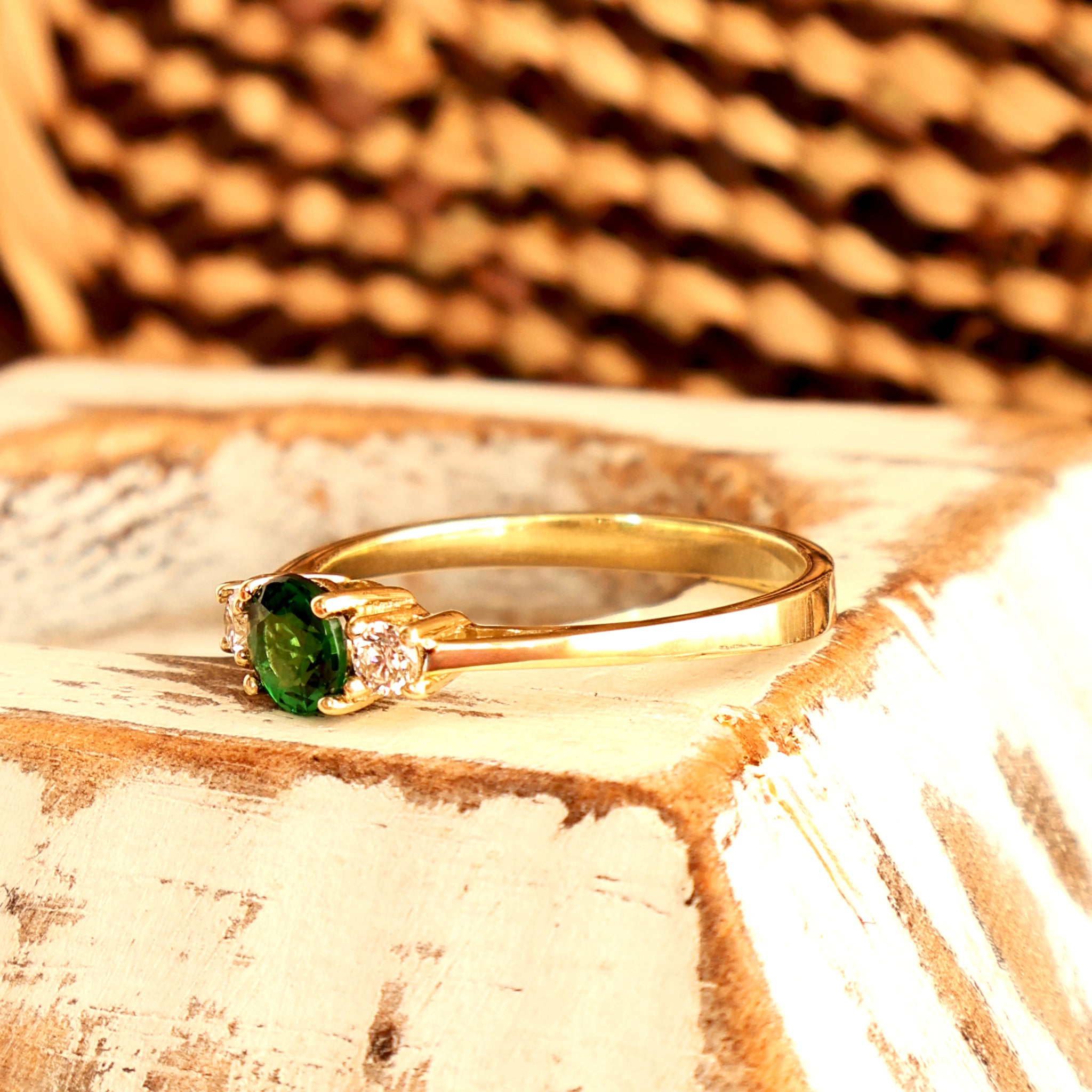 Petite Tsavorite And Diamond Trilogy Yellow Gold Ring