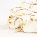 Petite White Diamond Ring with Crimped White Diamond Band in Yellow Gold