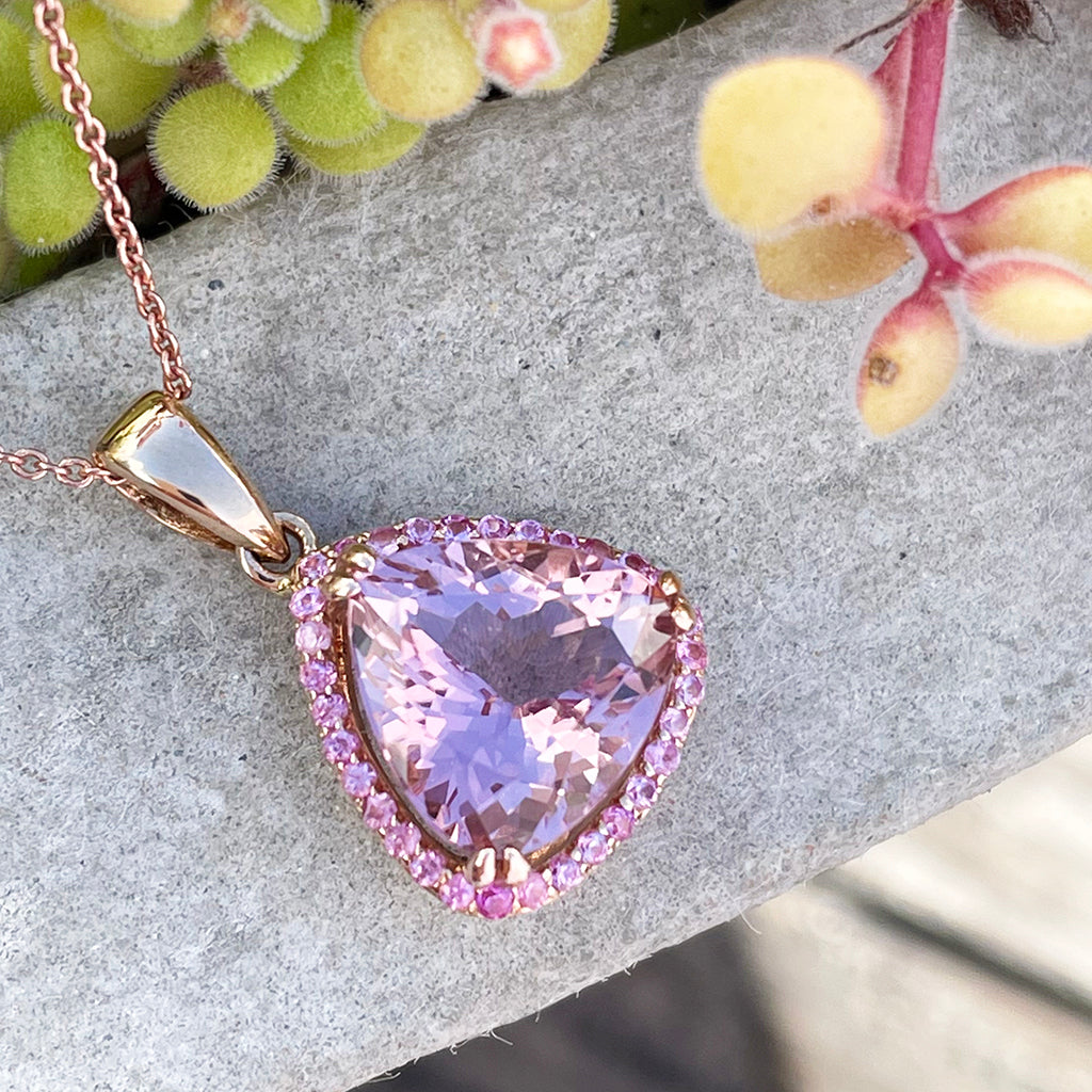 Pleasurably Pink Morganite with Halo Rose Gold Pendant