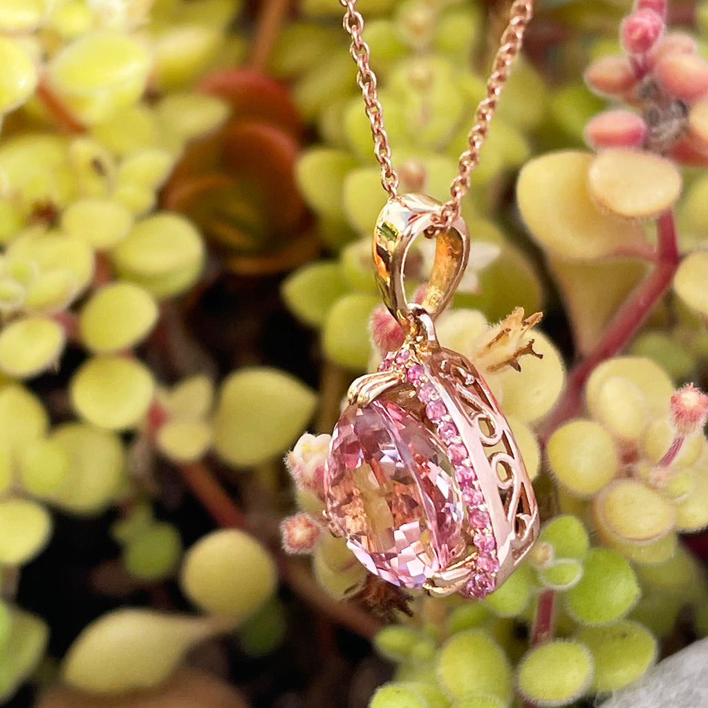 Pleasurably Pink Morganite with Halo Rose Gold Pendant