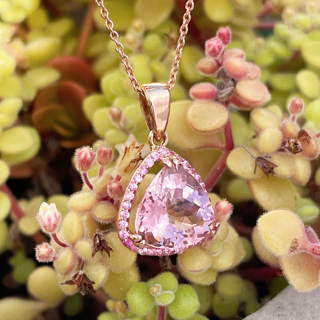 Pleasurably Pink Morganite with Halo Rose Gold Pendant