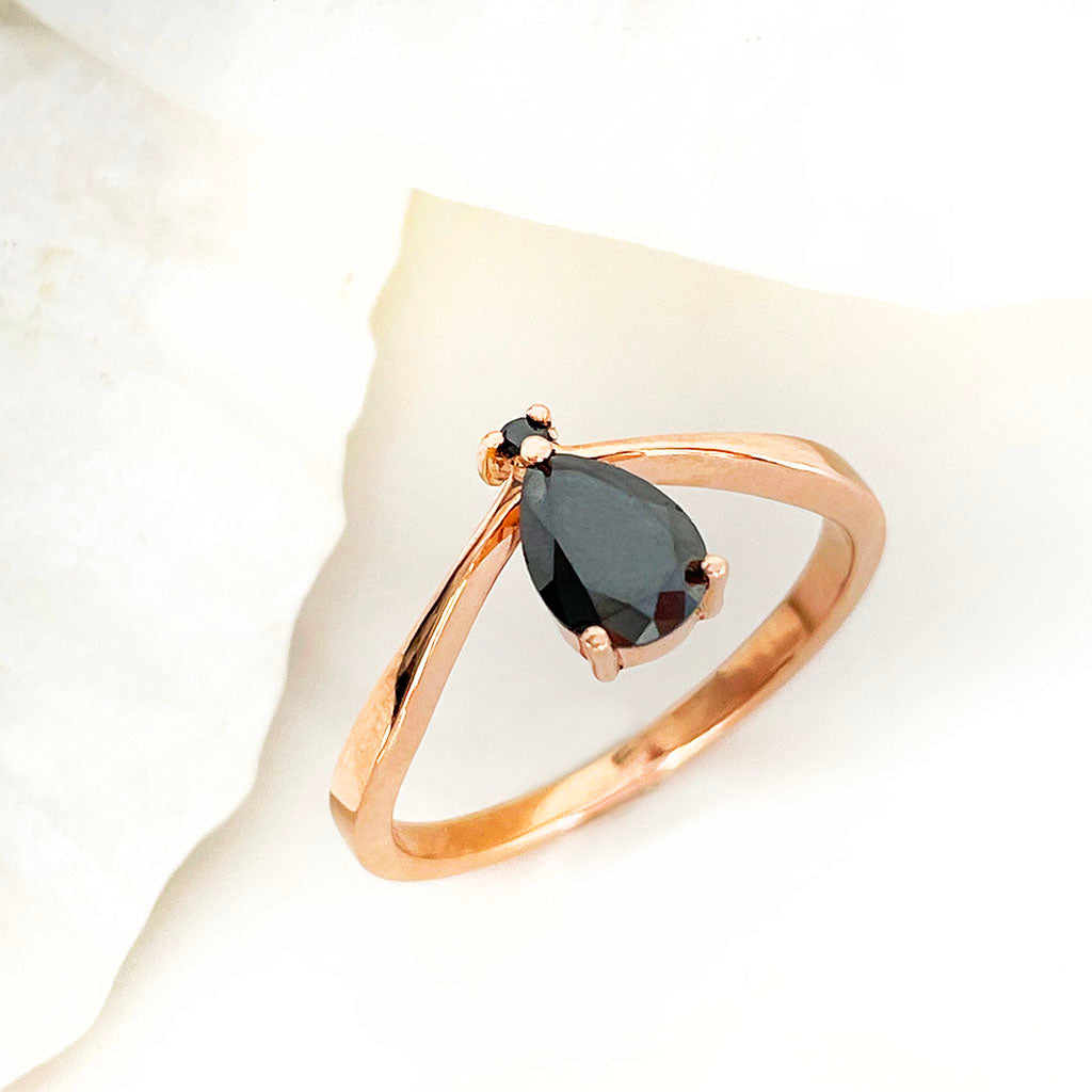 Pear cut Black Diamond rose gold ring