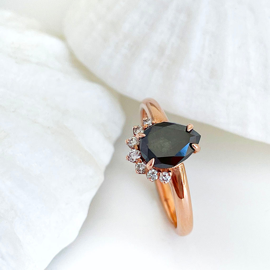 Pear Cut Black Diamond and White Diamond Rose Gold  Ring