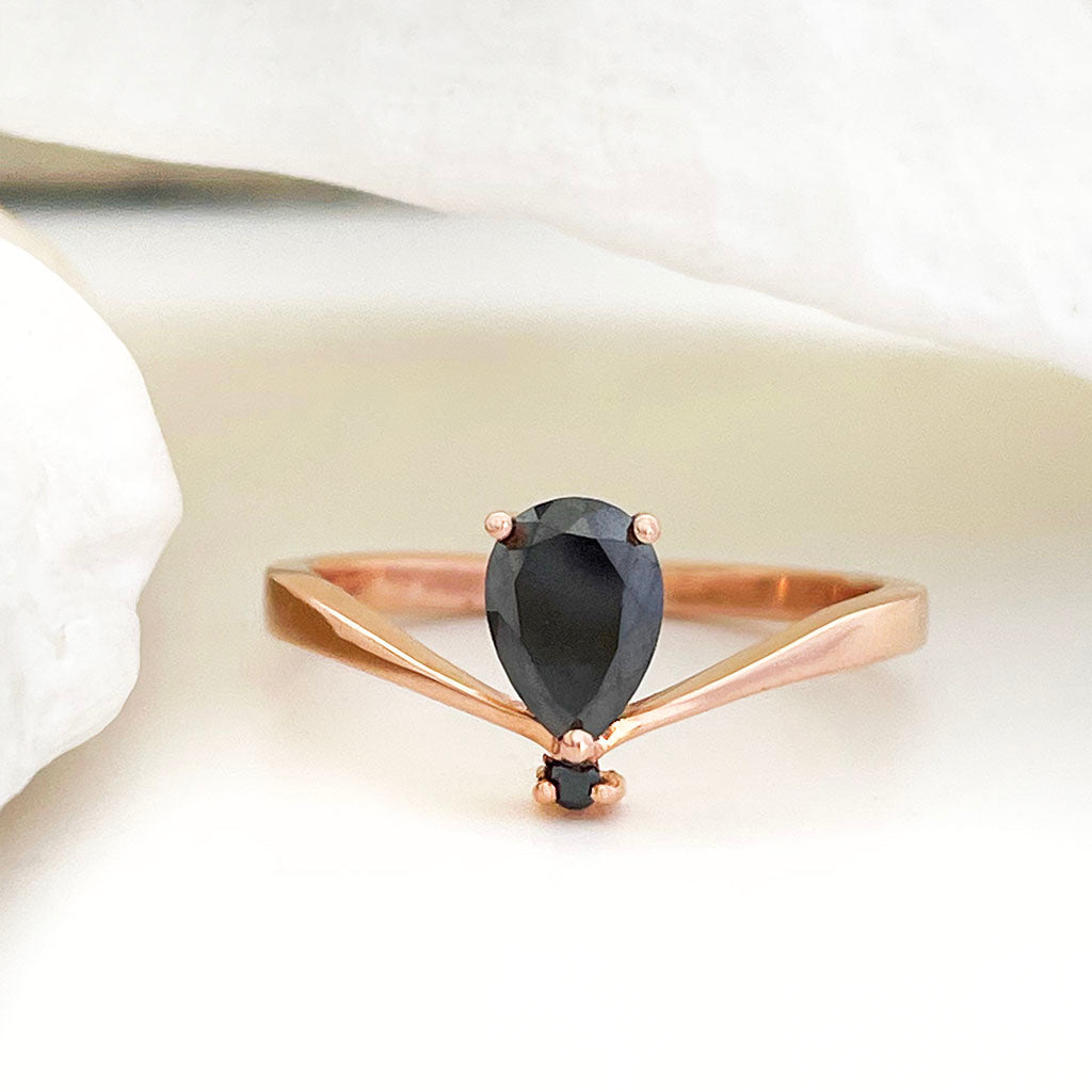 Pear cut Black Diamond rose gold ring