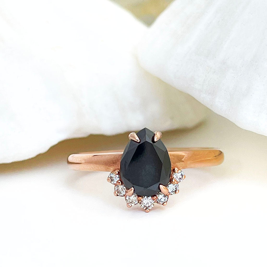 Pear Cut Black Diamond and White Diamond Rose Gold  Ring