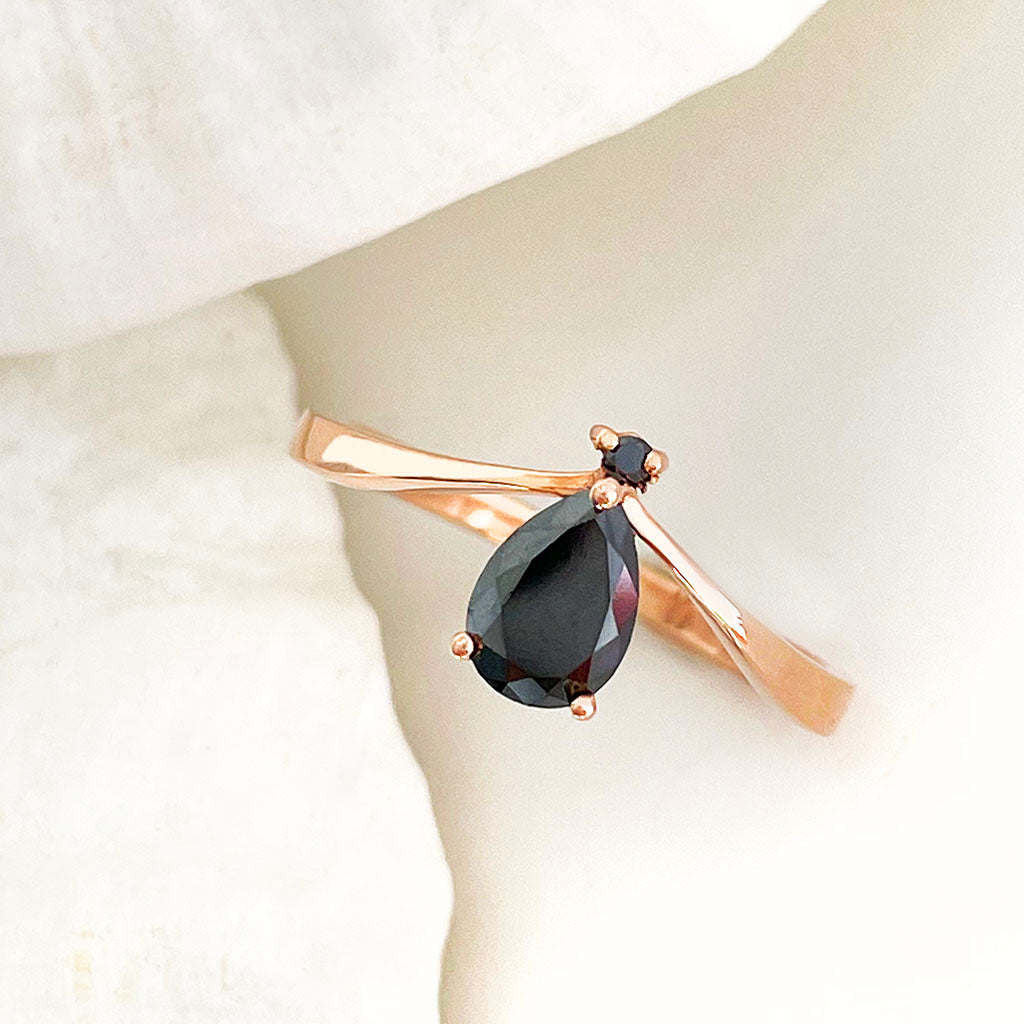 Pear cut Black Diamond rose gold ring