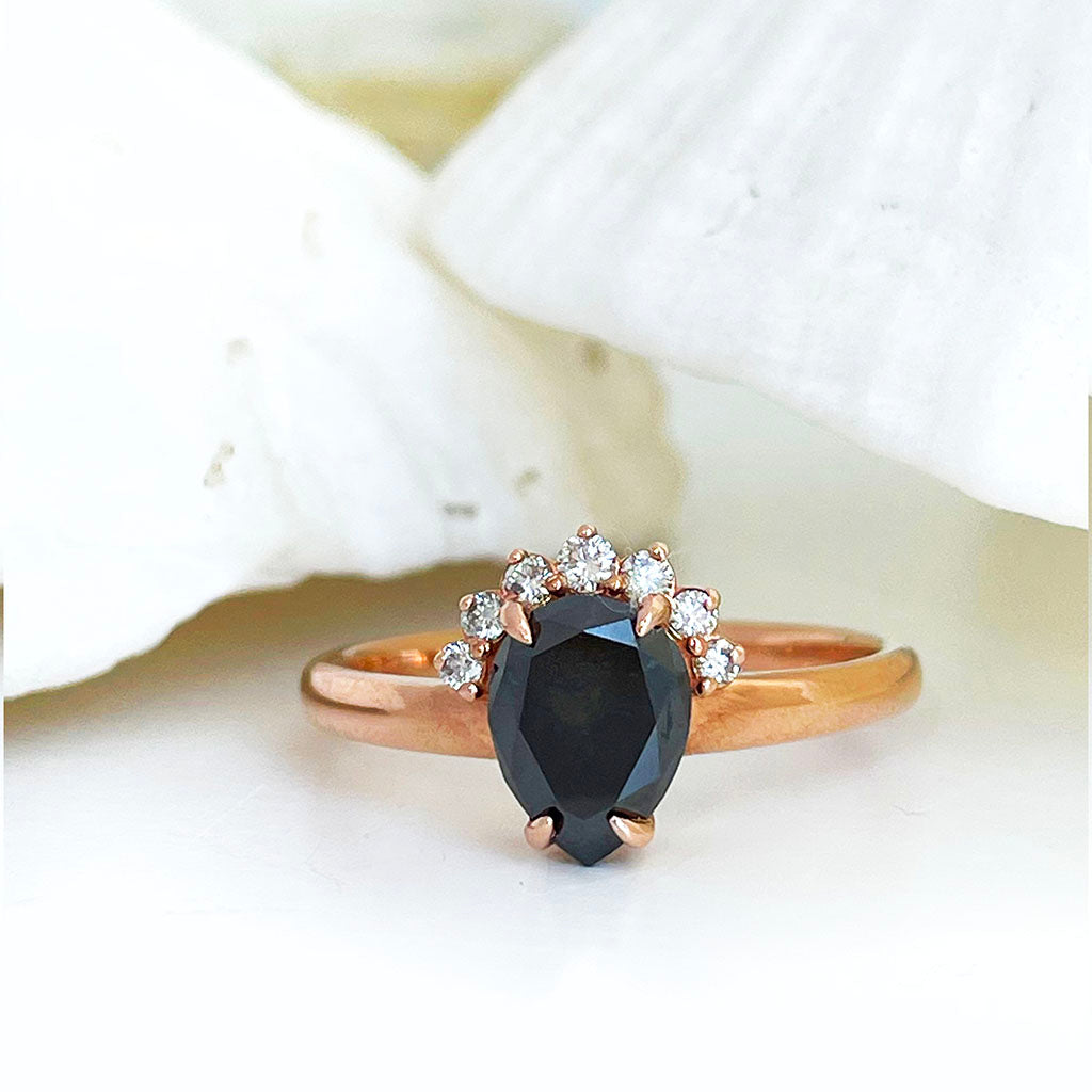 Pear Cut Black Diamond and White Diamond Rose Gold  Ring