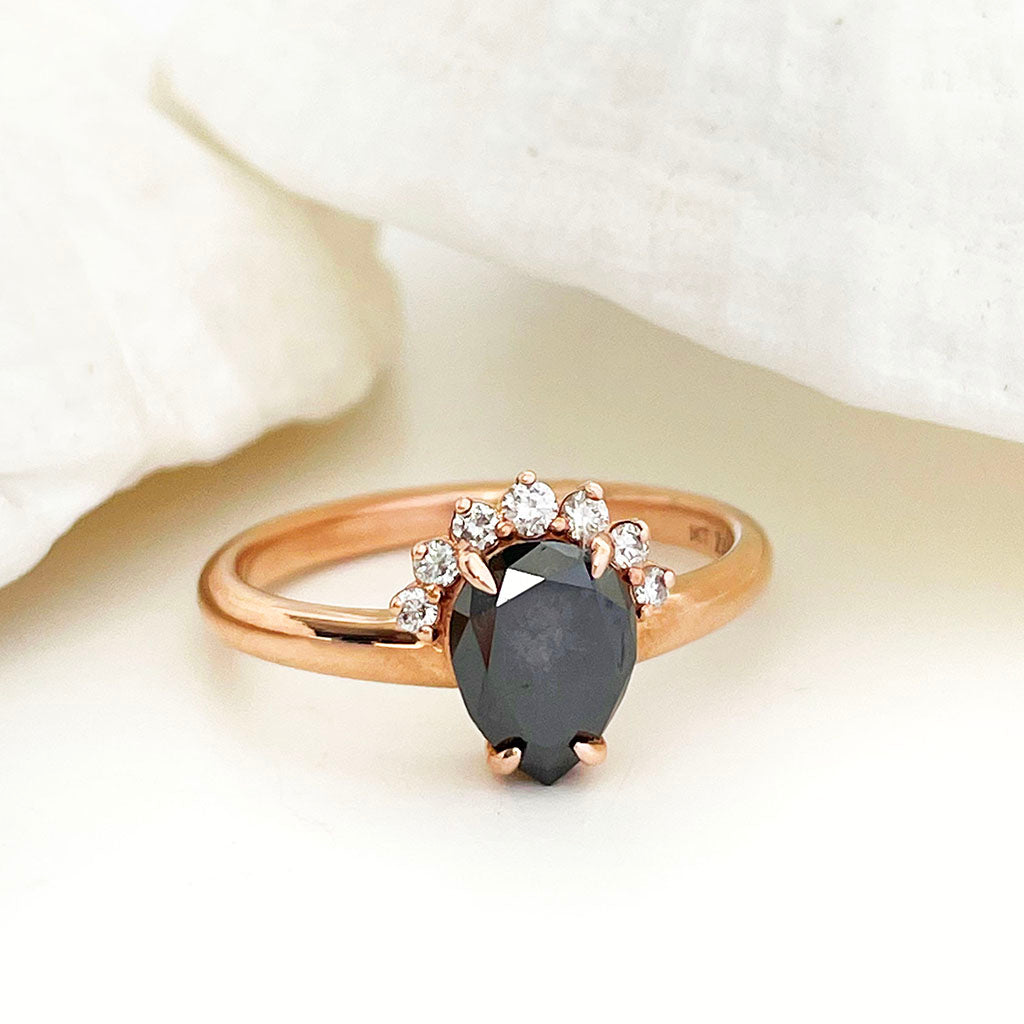 Pear Cut Black Diamond and White Diamond Rose Gold  Ring