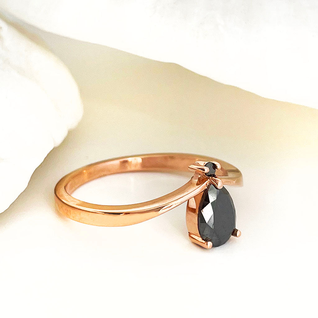 Pear cut Black Diamond rose gold ring