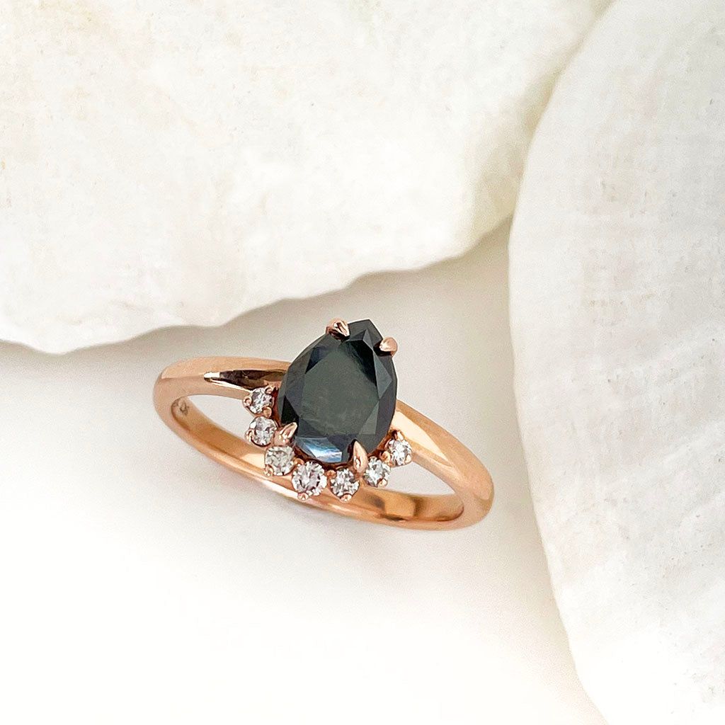 Pear Cut Black Diamond and White Diamond Rose Gold  Ring