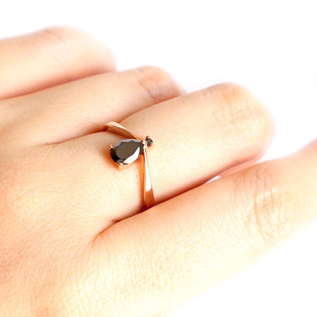 Princess Crown Vibes Pear Cut Black Diamond with Petite Black Diamond Accent Ring