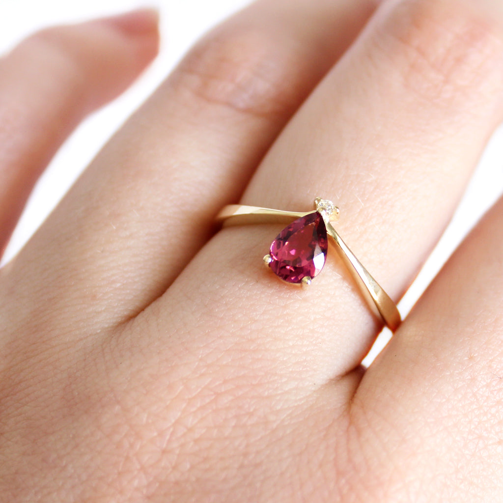 Princess Crown Vibes Pink Pear Cut Tourmaline with Petite Diamond Accent Ring