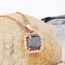 Radiant Emerald Cut Black Diamond With White Diamond Halo Rose Gold Pendant