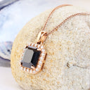 Radiant Emerald Cut Black Diamond With White Diamond Halo Rose Gold Pendant