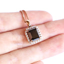 Radiant Emerald Cut Black Diamond With White Diamond Halo Rose Gold Pendant