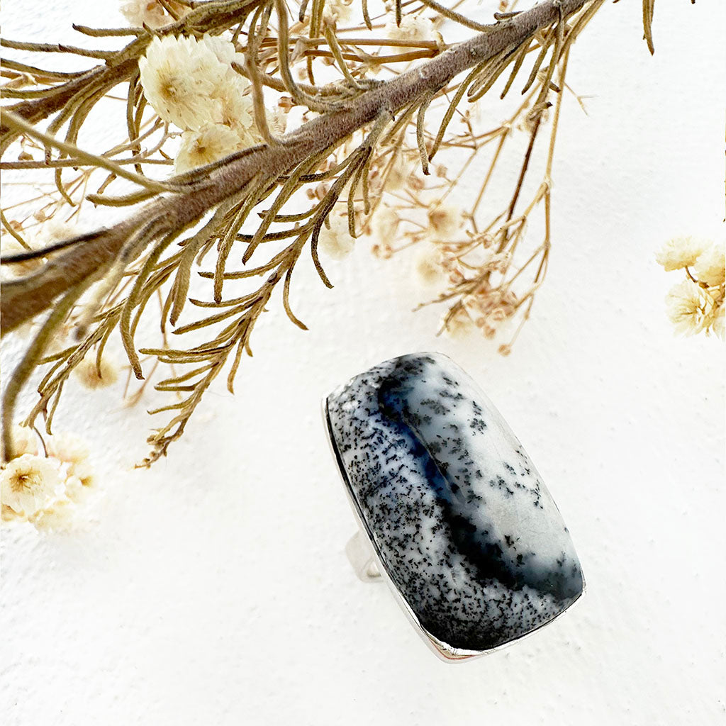 Natural Freeform Rectangular Cut Dendritic Agate Silver Ring - 30mm x 18mm