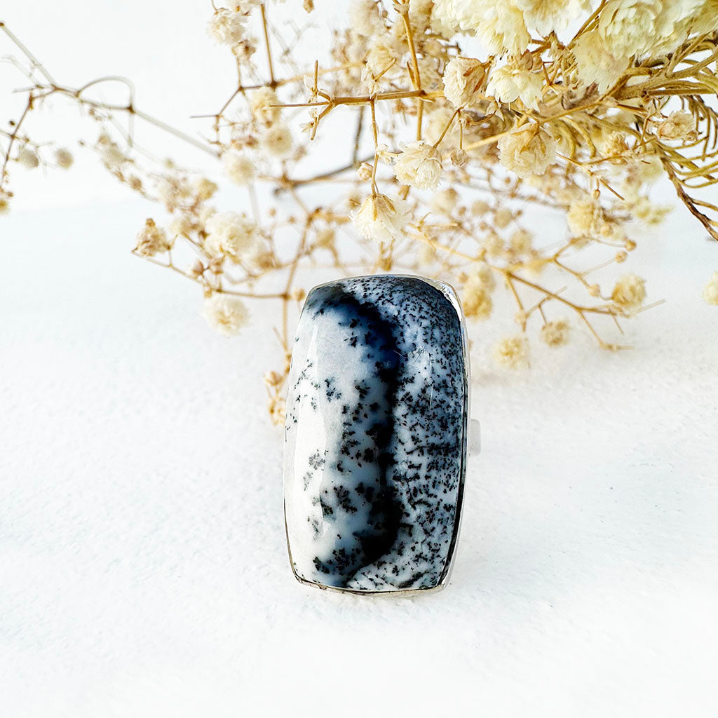 Natural Freeform Rectangular Cut Dendritic Agate Silver Ring - 30mm x 18mm