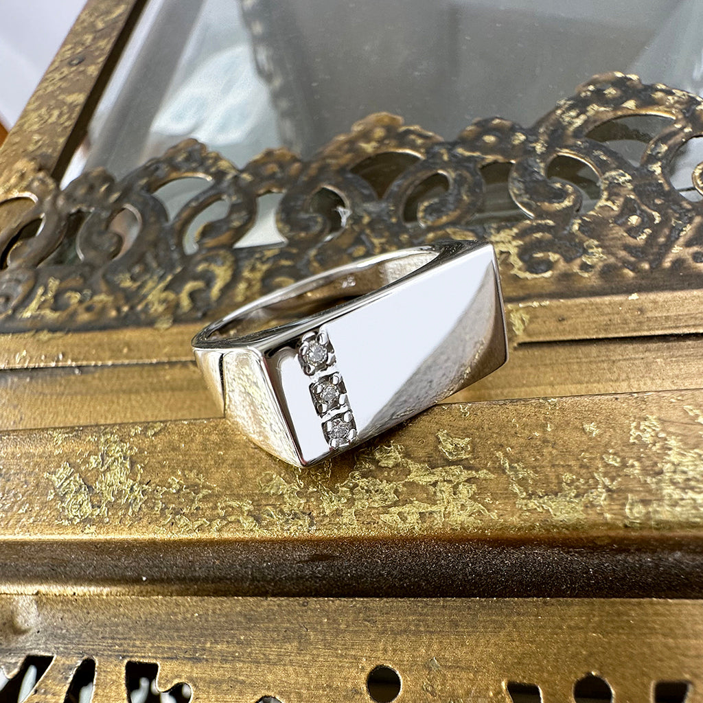 Rectangular White Gold Signet Ring with Three Diamond Stripe Detail