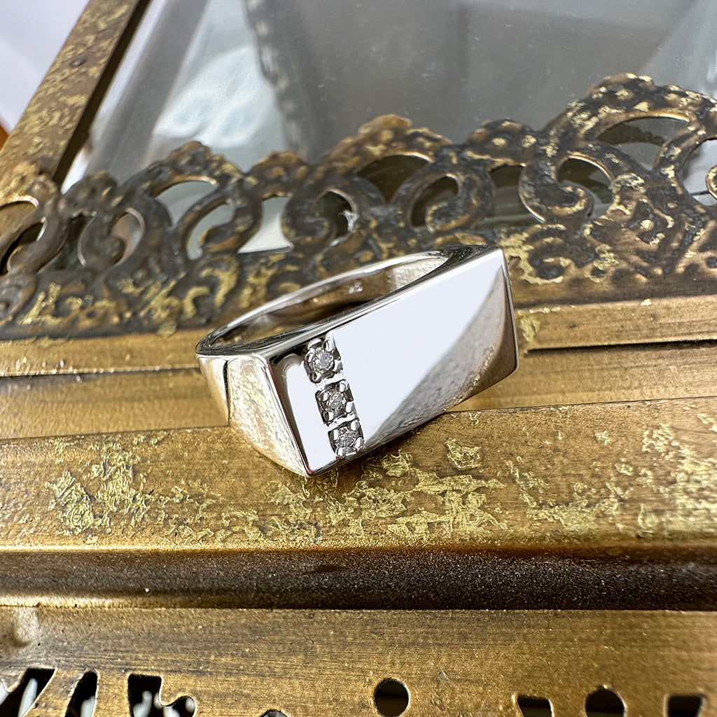 Three Ring Rectangular Rectangular White Gold Signet Ring with Three Diamond Stripe Detail ...