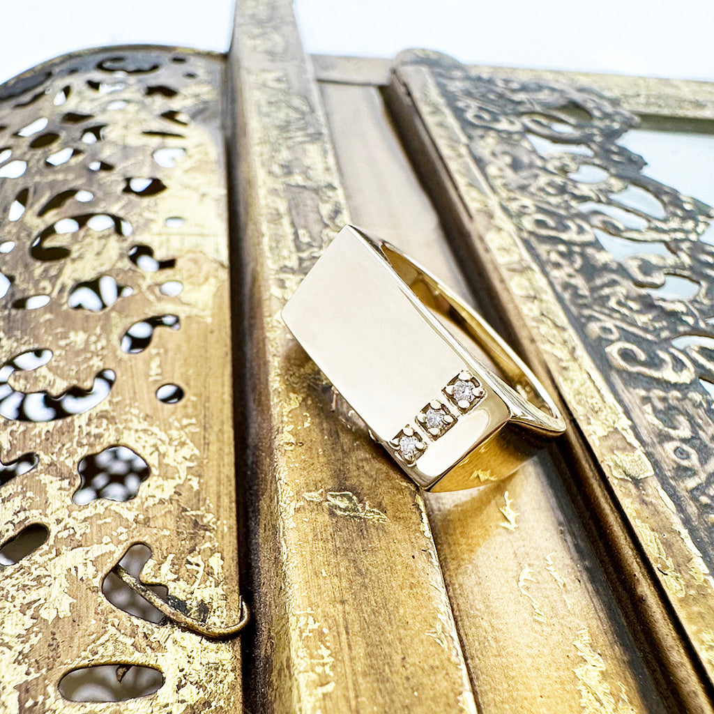 Rectangular Yellow Gold Signet Ring with Three Diamond Stripe Detail