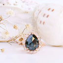 Rose Cut Pear Shaped Black Diamond Ring With White Diamond Halo in Rose Gold