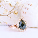 Rose Cut Pear Shaped Black Diamond Ring With White Diamond Halo in Rose Gold