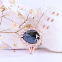 Rose Cut Pear Shaped Black Diamond Ring With White Diamond Halo in Rose Gold