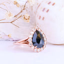 Rose Cut Pear Shaped Black Diamond Ring With White Diamond Halo in Rose Gold