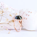 Rose Cut Pear Shaped Black Diamond Ring With White Diamond Halo in Rose Gold
