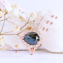 Rose Cut Pear Shaped Black Diamond Ring With White Diamond Halo in Rose Gold