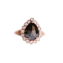 Rose Cut Pear Shaped Black Diamond Ring With White Diamond Halo in Rose Gold