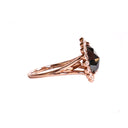 Rose Cut Pear Shaped Black Diamond Ring With White Diamond Halo in Rose Gold