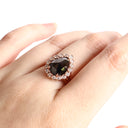 Rose Cut Pear Shaped Black Diamond Ring With White Diamond Halo in Rose Gold