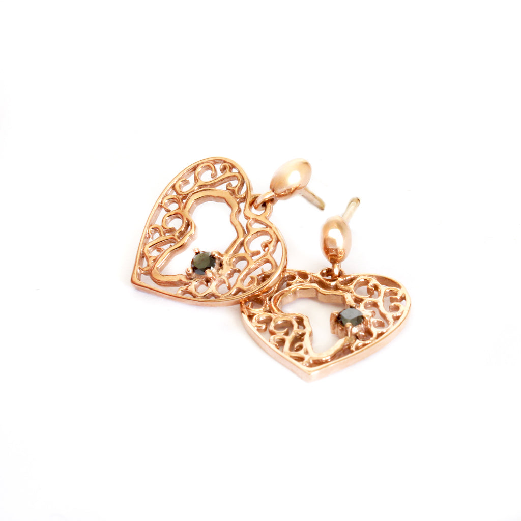 Rose Gold Filigree Heart Africa Earrings with Solitaire Black Diamond Detail