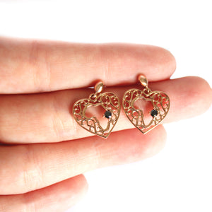 Rose Gold Filigree Heart Africa Earrings with Solitaire Black Diamond Detail