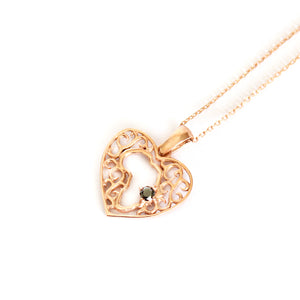 Rose Gold Filigree Heart Africa Pendant with Solitaire Black Diamond Detail