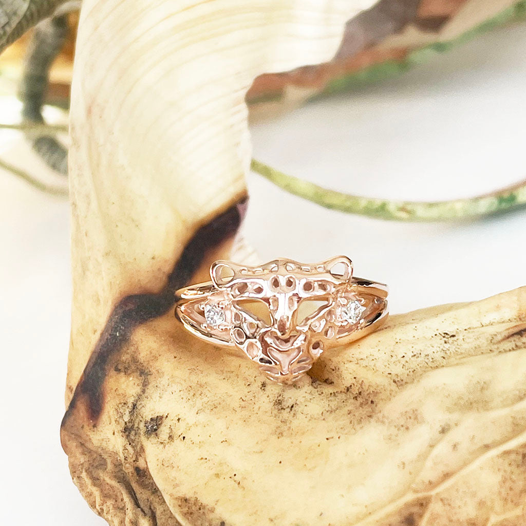 Rose Gold Leopard Head Ring with Diamond Accents