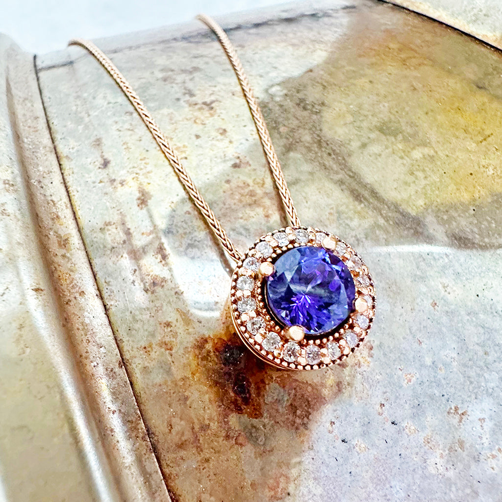 Warming Elegant Round Cut Tanzanite with Diamond Halo Rose Gold Pendant