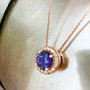 Warming Elegant Round Cut Tanzanite with Diamond Halo Rose Gold Pendant